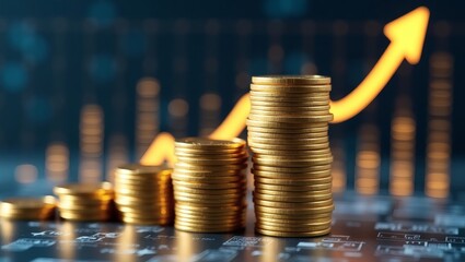 Poster - a visual of stacked gold coins with an upward trending arrow, representing growth, and financial progress