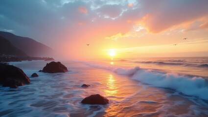 Poster - a breathtaking sunset over the ocean, with waves crashing on the shore and vibrant colors in the sky