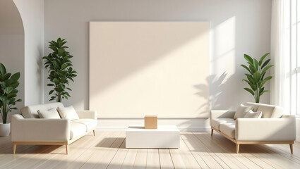 Poster - a modern, minimalist living room interior, complete with sofas, coffee table, and plants, creating a serene and stylish atmosphere