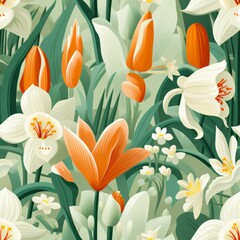 Poster - Seamless pattern design featuring light marsh tones with flowering herbs and delicate blooms