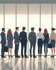 Poster - a group of businesspeople stands looking through large windows