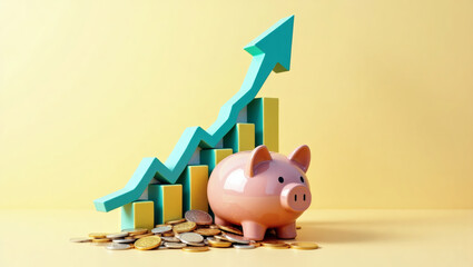 Poster - piggy bank, growing arrow and bar chart representing financial growth and success