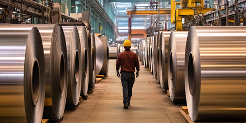 Poster - Worker walks through industrial aisle in manufacturing plant Generative AI