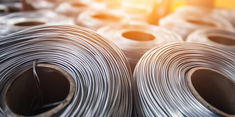 Poster - Rolls of aluminum metal wire stacked in a storage facility Generative AI