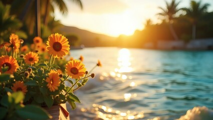 Poster - a vibrant sunset over a serene body of water with a cluster of orange flowers in the foreground. The scene evokes feelings of peace and warmth