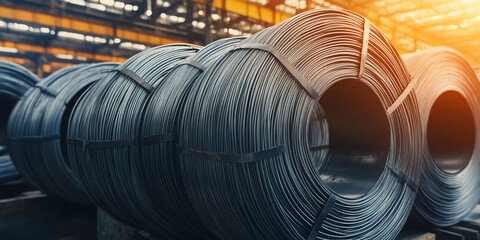 Poster - Heavy rolls of steel wire stacked in industrial setting Generative AI