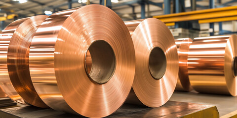 Poster - Copper rolls shining in industrial warehouse space Generative AI