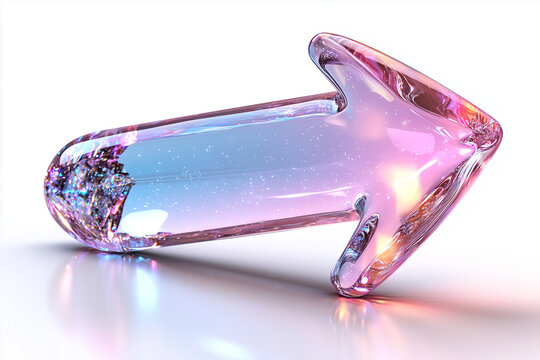 A glossy metal arrow icon with a holographic effect, set against a white background with light reflection and refraction effects. The image has a 3D rendering style, high resolutio