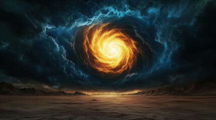 Wall Mural - Dramatic Cosmic Swirl with Bright Center Surrounded by Dark Stormy Skies and Rocky Landscape