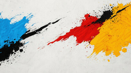 Poster - Vibrant Abstract Art with Blue, Red, Yellow, and Black Paint Splashes on White Background
