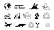 © PRATISH - A clean black and white silhouette vector set celebrating World Water Day. Includes icons of the Earth, water drops, recycling symbols, animals, nature conservation, hands holding water, trees, rivers
