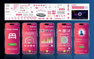 Fototapete - A set of UI UX elements for smart home management mobile apps: an interface with buttons, panels, graphs, and navigation for monitoring and controlling automation systems.