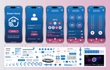 Fototapete - A set of UI UX elements for smart home management mobile apps: an interface with buttons, panels, graphs, and navigation for monitoring and controlling automation systems.