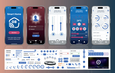 Fototapete - A set of UI UX elements for smart home management mobile apps: an interface with buttons, panels, graphs, and navigation for monitoring and controlling automation systems.