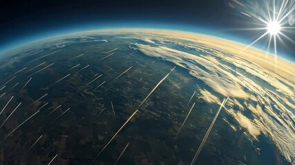 Poster - Dramatic panoramic view of airplane contrails over the Earth's atmosphere at sunset, A wide-angle panoramic view of airplane contrails across the sky