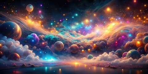 Wall Mural - A Serene Celestial Landscape with Glowing Planets and Nebulae, Reflecting in a Calm Body of Water at Sunset