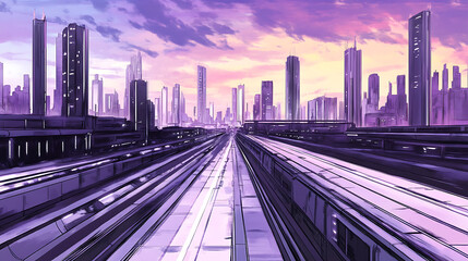 Aufkleber - A futuristic cityscape with towering skyscrapers and vibrant purple skies, showcasing a railway track leading into the urban horizon