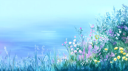 Poster - A serene landscape featuring vibrant wildflowers along a tranquil body of water, with soft blue hues creating a calming atmosphere