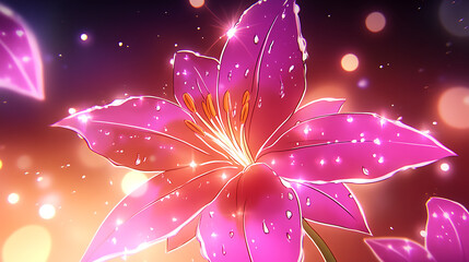Poster - A vibrant pink flower glistens with dew against a colorful, blurred background, creating a dreamy and enchanting atmosphere