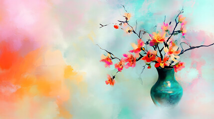 Poster - A vibrant bouquet of flowers in a turquoise vase against a soft, colorful background, creating a serene and artistic atmosphere