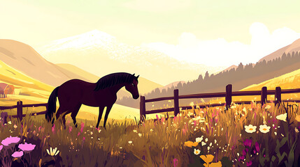 Poster - A serene landscape featuring a silhouetted horse amidst colorful flowers and rolling hills under a soft sunset