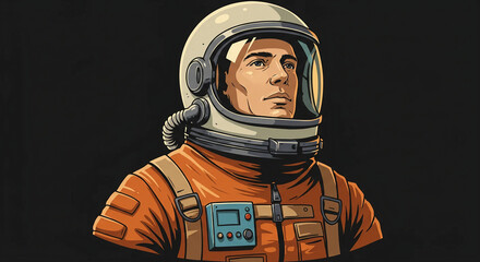 Wall Mural - An astronaut in orange space suit, raster illustration isolated on black background.