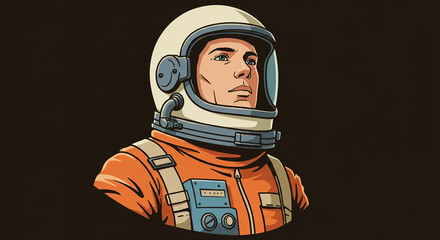 Wall Mural - An astronaut in orange space suit, raster illustration isolated on black background.