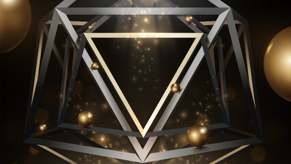 Canvas Print - black abstract background and luxury golden triangle frame and metallic ball with glittering lights 