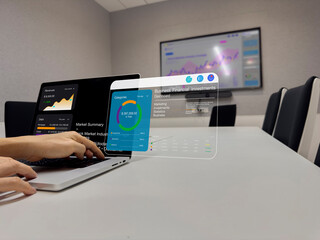 Aufkleber - Businessman working  latop computer with Financial Analytics in meeting room background.