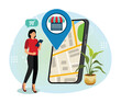 © Alwie99d - Store locator concept. Woman Using smart phone to Search for Nearby Shops on Digital Map.