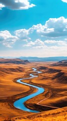 Poster - Winding river flows through golden landscape under a bright blue sky