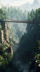 Poster - suspension bridge spanning a misty canyon surrounded by lush forest at dawn