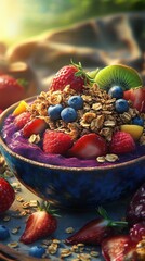 Poster - Vibrant acai bowl topped with fresh fruits and granola in a sunlit setting