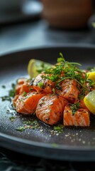 Poster - Deliciously prepared salmon with herbs and lemon on a stylish plate at a modern dining setting