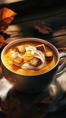 Poster - Close-up of a creamy soup bowl garnished with croutons on a rustic wooden table in a cozy autumn setting