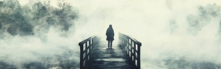 Poster - Portrait of a solitary figure standing on a bridge surrounded by mist and a quiet forest atmosphere at dawn