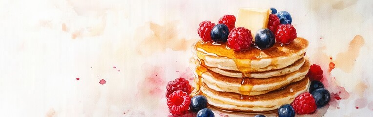 Poster - Delicious stack of fluffy pancakes topped with fresh berries and butter against a vibrant watercolor background