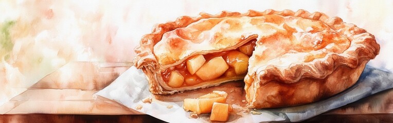 Aufkleber - Delicious apple pie with a flaky crust and warm filling on a rustic table setting
