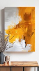 Poster - Warm golden yellows and rich copper tones create a vibrant abstract artwork displayed in a contemporary living space