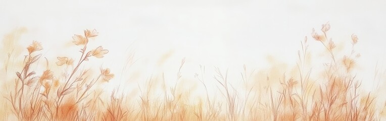 Aufkleber - Soft pastel amber landscape featuring delicate wildflowers and gentle grasses under warm light