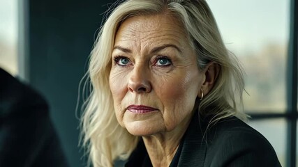 Poster - serious mature businesswoman discussing workflow and strategies during meeting with colleagues, seri