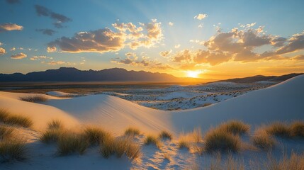 Poster - Vast desert landscape at sunset with golden light illuminating sand dunes and distant mountains
