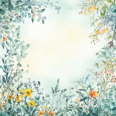 Poster - Soft watercolor wreath featuring delicate flowers and leaves in a serene palette for creative projects