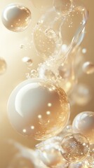 Poster - Soft pearl white and pastel yellow bubbles floating gracefully in a serene backdrop