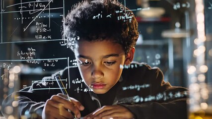 Poster - Schoolboy engaged in mathematical equations inside a classroom surrounded by experimentation materials, mathematical equations over biracial schoolboy doing experiment in lab