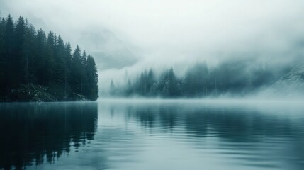 Poster - Misty landscape with teal and gray hues reflecting on a calm lake surrounded by dense forest in early morning light