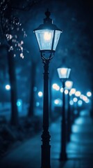 Poster - Bokeh lights in deep navy and metallic silver illuminate a tranquil night walkway lined with vintage street lamps