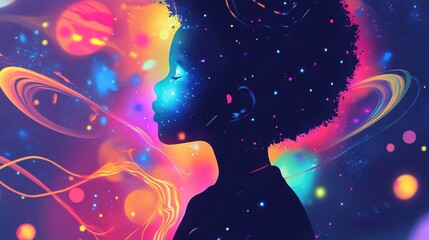 Leinwandbilder - Vibrant visualization of a child glowing against a cosmic background with colorful patterns in a dreamlike atmosphere