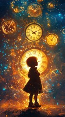 Poster - Vibrant visualization of a glowing child in a cosmic clock-filled world at twilight