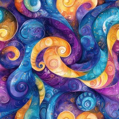 Fototapete - Vibrant watercolor doodle art featuring swirling patterns in purple, orange, and blue hues